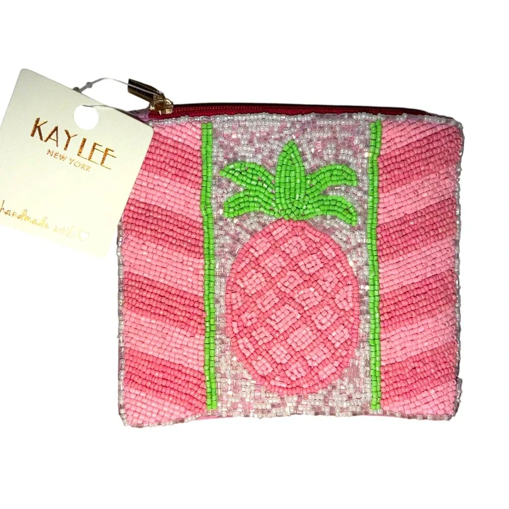 Kay Lee NY NWT Pink Pineapple Beaded Coin Purse Clutch Tropical Zipper Pouch